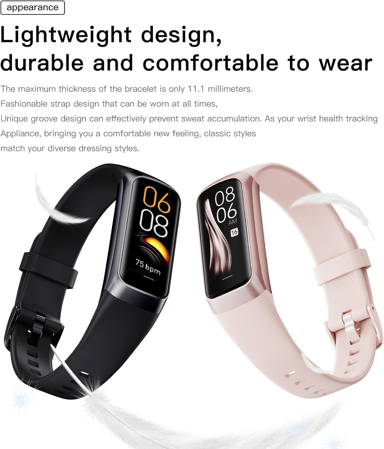 Health and Fitness Tracker for Men and Women - AMOLED Display, Slim Design, 25 Sports Modes, Heart Rate and Blood Pressure Monitoring, Alarm, Stopwatch, Calorie Tracking, IP68 Waterproof