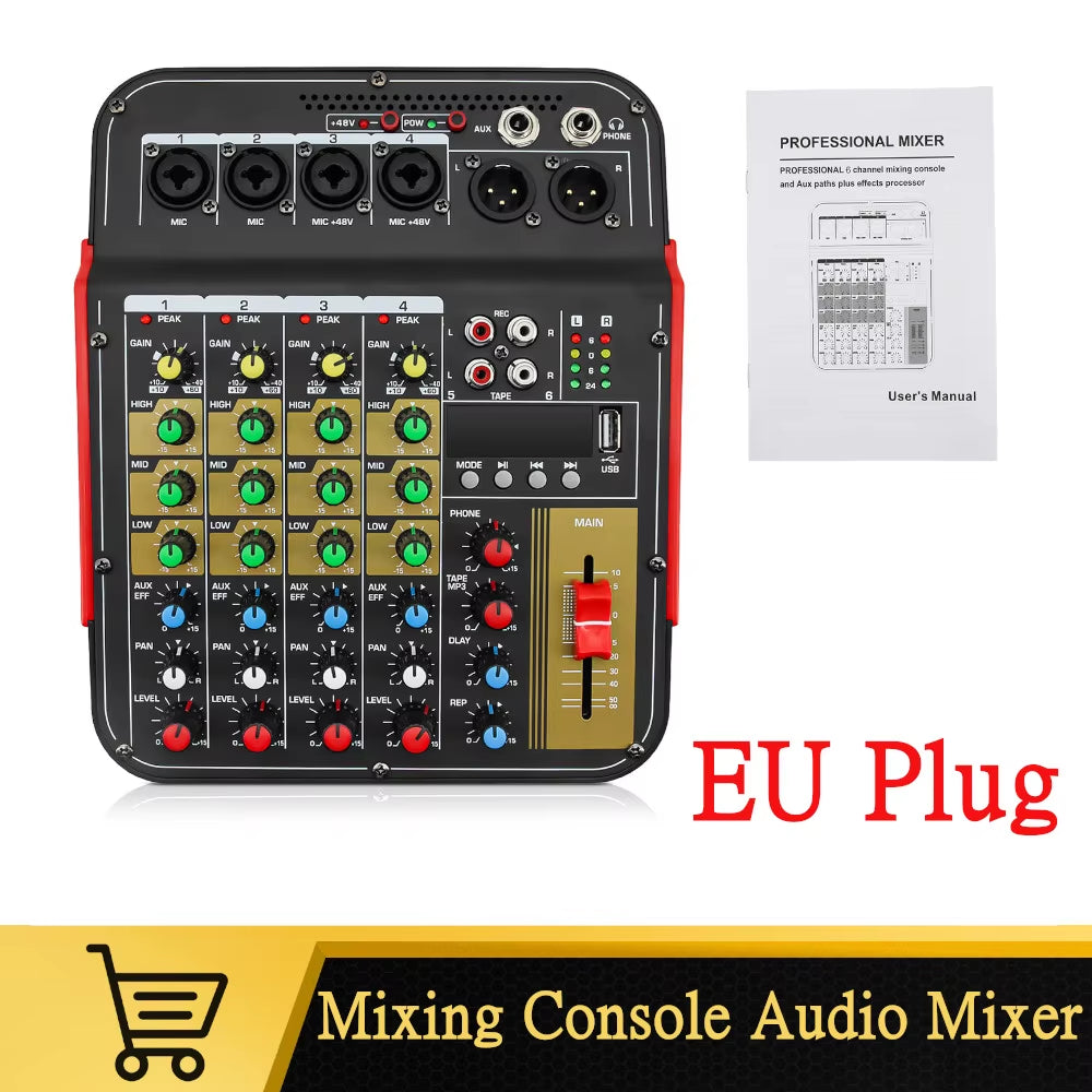 6-Channel Audio Mixer Outdoor Conference Audio USB Bluetooth-Compatible Reverb Audio Processor Sing Live with Sound Card Mixers