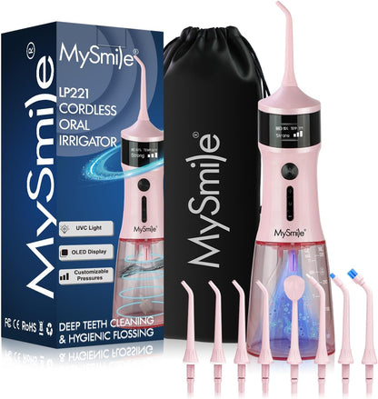 LP221 UVC Sterilizable Cordless Water Flossers for Teeth 335ML Portable OLED Display Dental Flosser with 4 Modes 8 Jet Tips and a Storage Pouch for Home and Travel (Juicy Pink)
