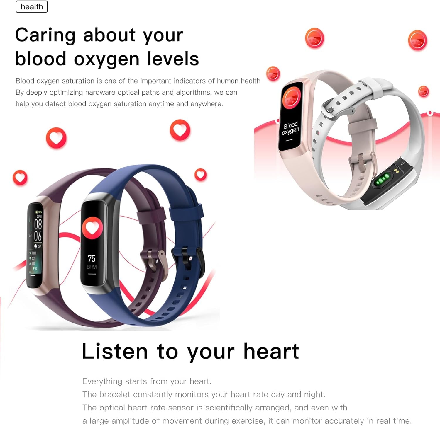 Health and Fitness Tracker for Men and Women - AMOLED Display, Slim Design, 25 Sports Modes, Heart Rate and Blood Pressure Monitoring, Alarm, Stopwatch, Calorie Tracking, IP68 Waterproof