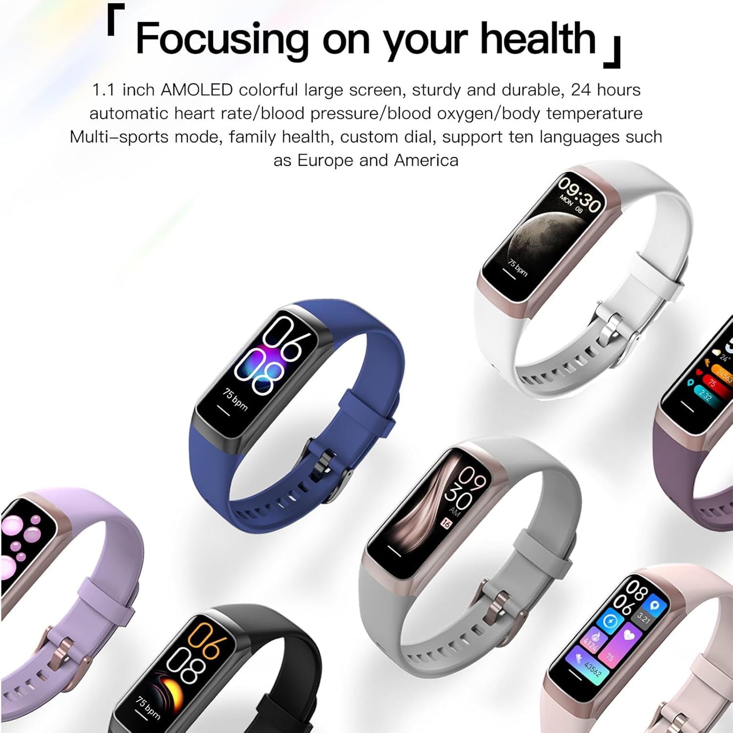 Health and Fitness Tracker for Men and Women - AMOLED Display, Slim Design, 25 Sports Modes, Heart Rate and Blood Pressure Monitoring, Alarm, Stopwatch, Calorie Tracking, IP68 Waterproof