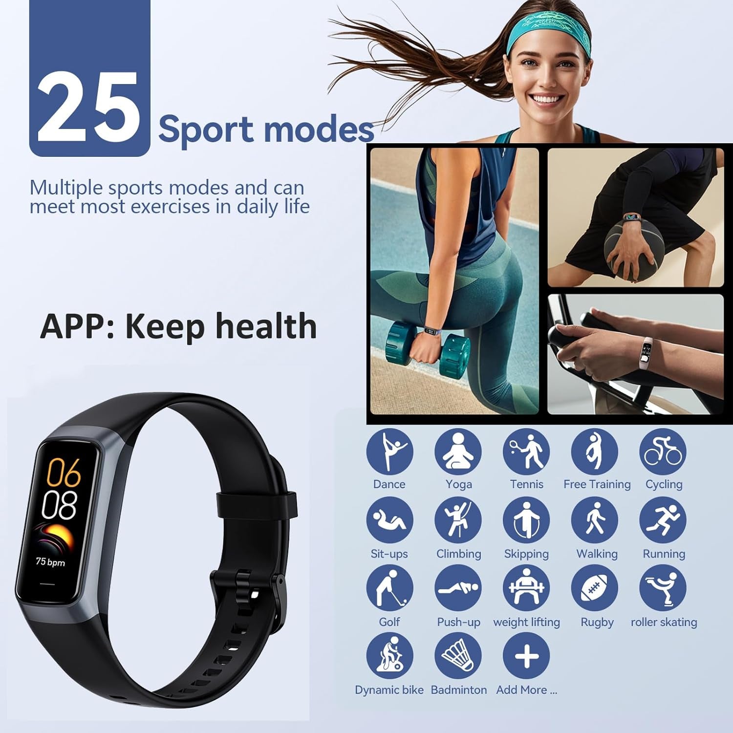 Health and Fitness Tracker for Men and Women - AMOLED Display, Slim Design, 25 Sports Modes, Heart Rate and Blood Pressure Monitoring, Alarm, Stopwatch, Calorie Tracking, IP68 Waterproof