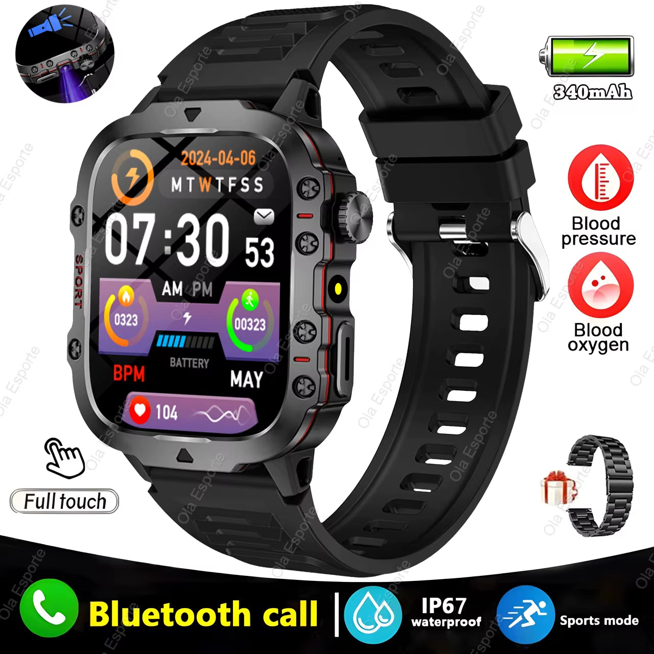 Men's Smartwatch with Flashlight, Bluetooth Calling, and Fitness Tracking - IP68 Waterproof Sports Watch for Android and iOS - 2025 Model