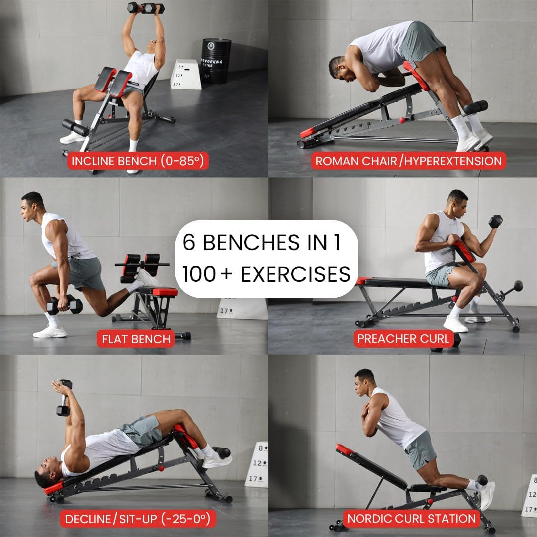 Professional Multi-Functional FID Weight Bench for Comprehensive Full-Body Workouts – Features Hyper Back Extension, Roman Chair, Adjustable Ab Sit-Up Bench, Incline/Decline Bench, and Flat Bench