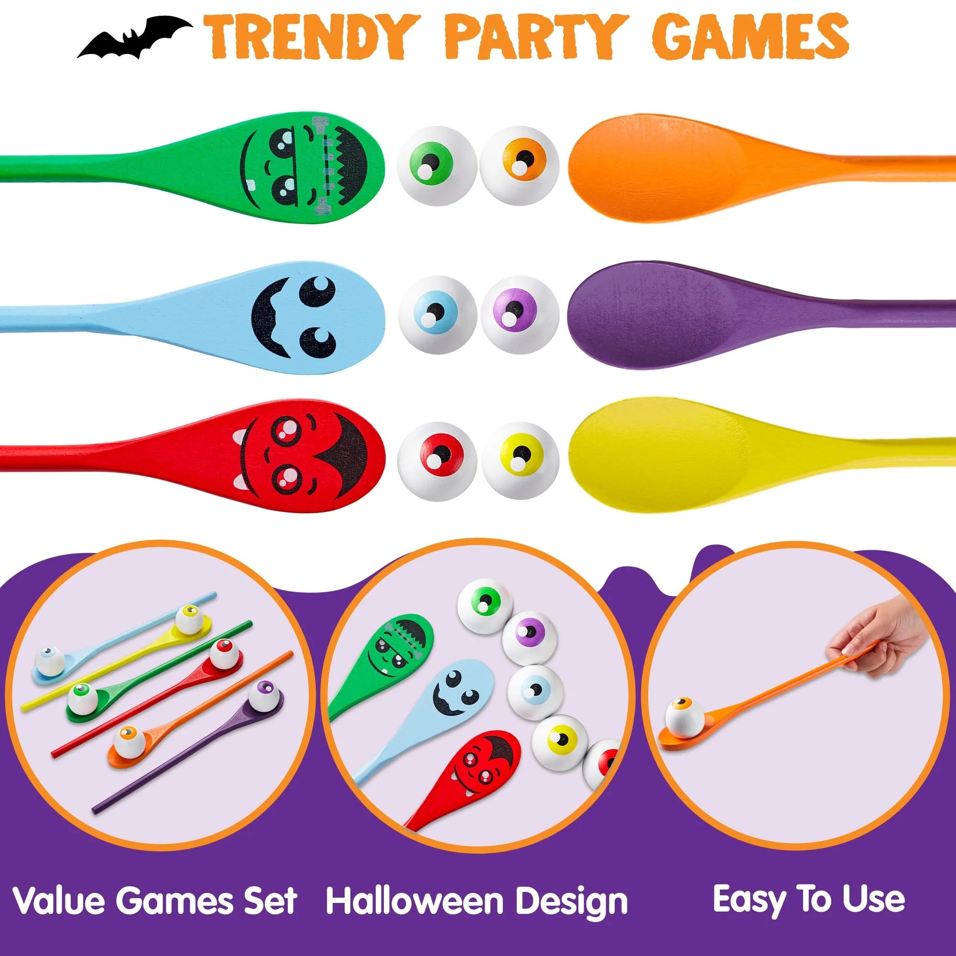 6 Packs Halloween Spoons Game Set,Eyeballs and Spoons Race Party Favors for Kids,Halloween Prizes,Halloween Activities for Kids