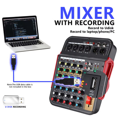 6-Channel Audio Mixer Outdoor Conference Audio USB Bluetooth-Compatible Reverb Audio Processor Sing Live with Sound Card Mixers