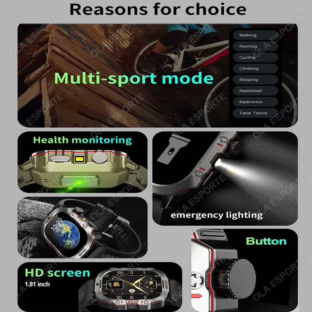 Men's Smartwatch with Flashlight, Bluetooth Calling, and Fitness Tracking - IP68 Waterproof Sports Watch for Android and iOS - 2025 Model