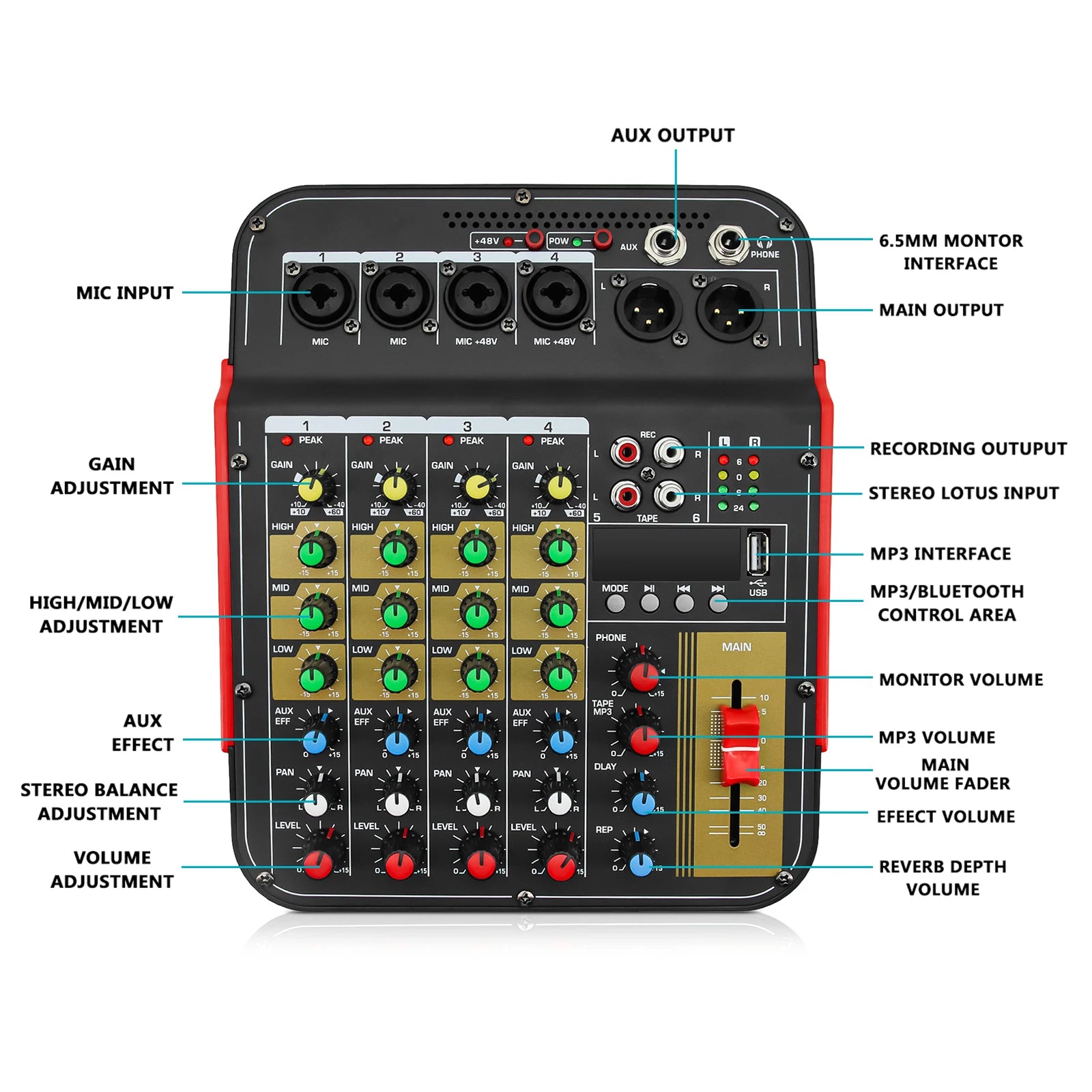 6-Channel Audio Mixer Outdoor Conference Audio USB Bluetooth-Compatible Reverb Audio Processor Sing Live with Sound Card Mixers