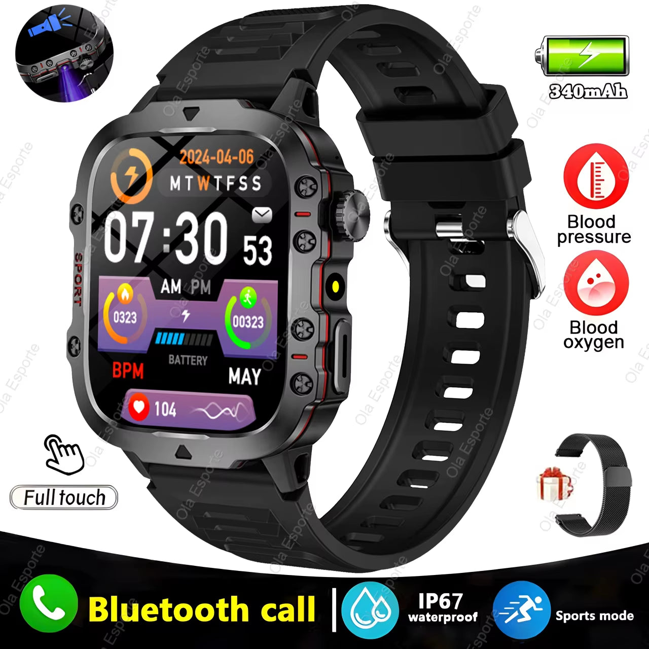 Men's Smartwatch with Flashlight, Bluetooth Calling, and Fitness Tracking - IP68 Waterproof Sports Watch for Android and iOS - 2025 Model