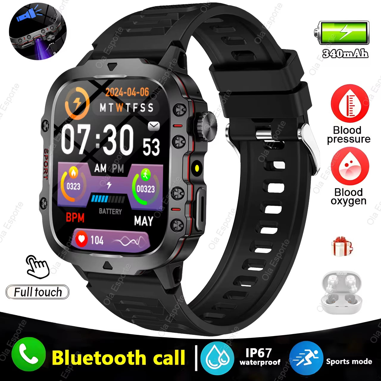 Men's Smartwatch with Flashlight, Bluetooth Calling, and Fitness Tracking - IP68 Waterproof Sports Watch for Android and iOS - 2025 Model
